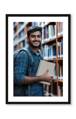 Young Man with Backpack and Book in Library