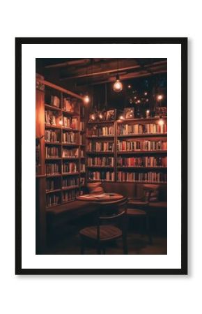Cozy reading nook with warm lighting and books neatly arranged on shelves. Festival Concept