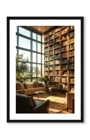 Contemporary home library, tall bookshelves, cozy seating.