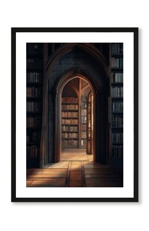 Gothic library archway, bookshelves, sunlight, interior, fantasy