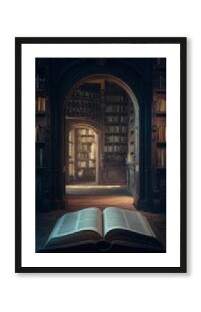 Open book, grand library, arched doorway, interior, knowledge
