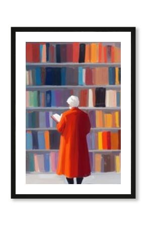 Individual stands in a vibrant coat, absorbed in a book while surrounded by a shelf filled with colorful books
