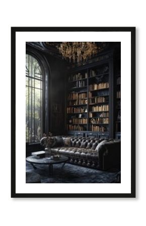Dark library room with leather couch, sunlight streaming through window