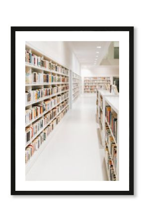Long white library bookshelves in perspective. Endless rows of bookshelves for readers to explore knowledge in modern library setting, ideal for concentration