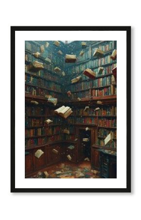 Floating books in an enchanting library dramatic interior fantasy atmosphere magical setting