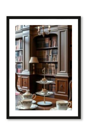 Fine China Afternoon Tea Set in a British Manor Library with Bookshelves