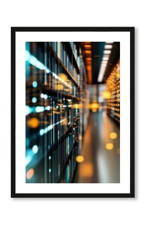  Futuristic library data corridor with books and glowing digital light trails in abstract collage design