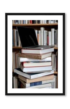 Laptop on Stack of Books in Library, Study, Research, Education Concept