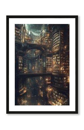 A grand library where books float in midair, turning pages by themselves, cinematic enchanted knowledge