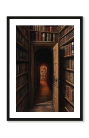 Secret library passage with antique books and rug.