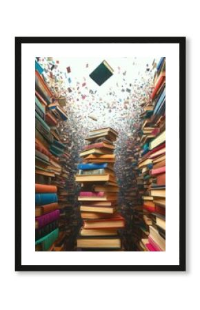 Colorful Book Stacks and Flying Literature in Surreal Library Composition
