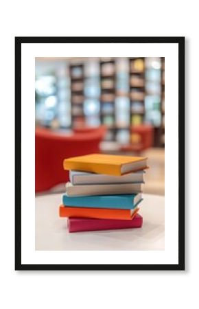 Stack of books on a white table in a bright modern library, colorful book covers