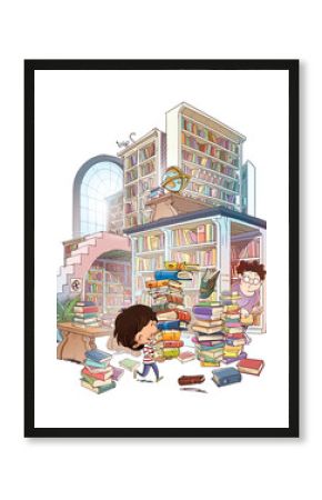 Illustration of boy in the library with many books