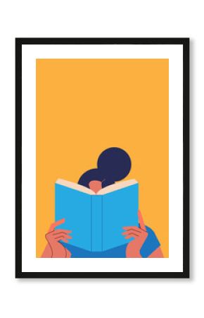 Woman reading a book. Concept on education, self-directed learning. Colorful, flat vector illustration on yellow background. Character design, vertical layout