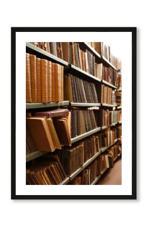 Collection of different books on shelves in library