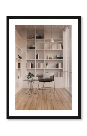 Modern contemporary reading room or library interior design with modern white built-in bookshelves