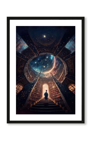 AI generated image of a magical library with floating book shelfs and a spiral architecture  