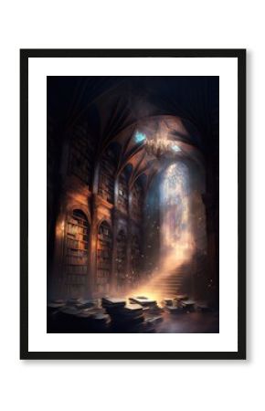 Fantasy gothic library in cathedral. Fantasy magical scene. Generative ai.
