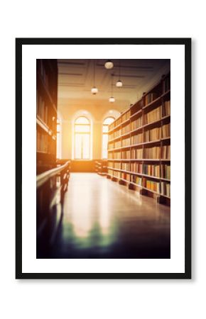 Blurred public library interior space. Learning and education concept background. generative ai. Defocused bookshelves with books - vintage tone