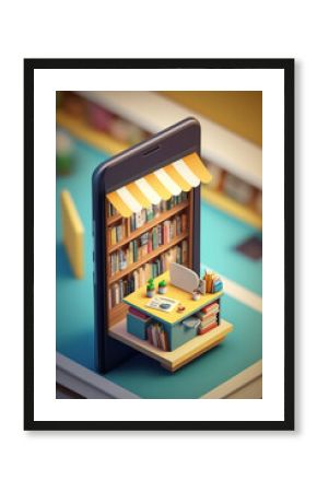 Isometric modern online bookstore or library concept, e-books app for reading on smartphone, bookshop in phone online, E-Learning and education concept. AI Generative.