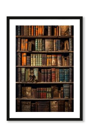Old rustic books standing in a wooden shelf. 