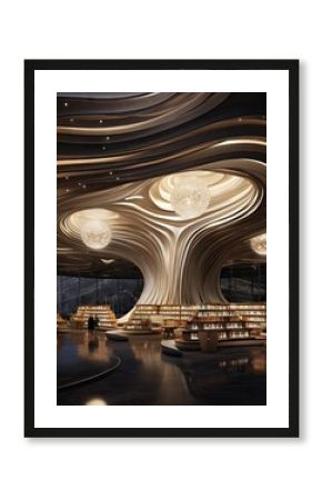 the inside of a library with lots of books on shelves and lights hanging from the ceiling, in an open space