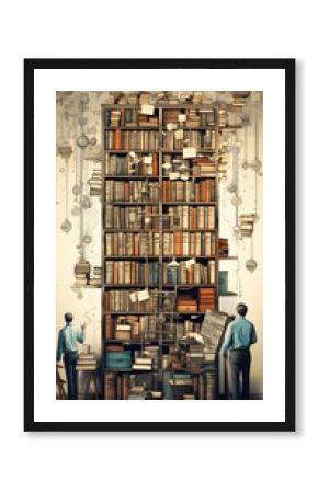 Archivo vintage con miniaturas: Ilustración antigua de biblioteca y documentos