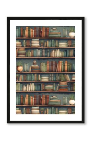 retro library shelves with books, watercolor vertical background