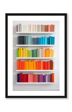 Colorful books on white bookshelf in library room interior.