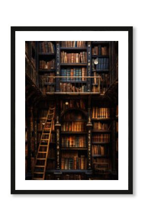 Old library interior with bookshelves and wooden shelves .