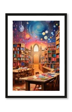 Fantasy library with bookshelves, tables and chairs, and a starry night sky with planets and galaxies