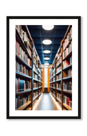 defocused imagery of a public library interior with bookshelves for business or educational backgrounds.