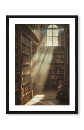 A warm and inviting image that captures sunbeams illuminating an antique library, creating a serene and scholarly atmosphere