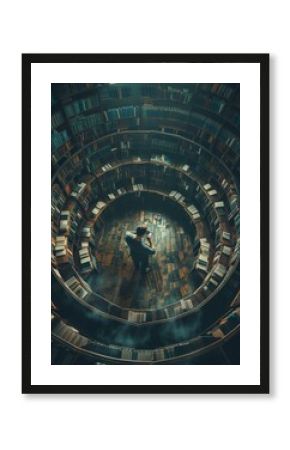 A man standing in a circular library with books. Generative AI.