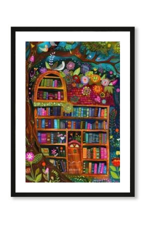 Colorful illustration of a whimsical book tree