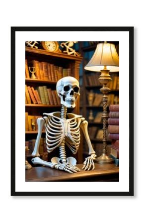 A skeleton appears deep in thought beside a lamp in a classical library setting, juxtaposing the pursuit of knowledge with the inevitable passage of time.. AI Generation