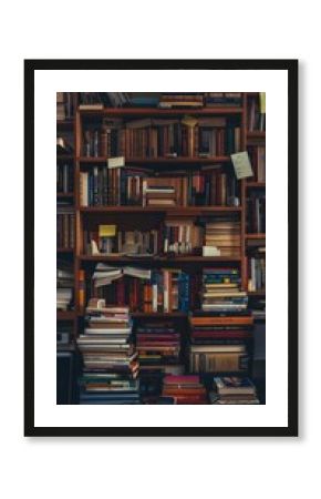 Bookshelves filled with books and laptops in a library. Vertical  background 