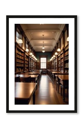 An abstract view showcases an empty college library interior room, with bookshelves lining the walls, while a blurred classroom in the background adds depth with a defocus effect 