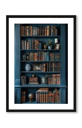 An intricately designed, vintage blue bookshelf filled with an assortment of antiquarian books, decorative artifacts, a globe, and plants in a classic, cozy library setting