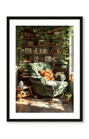 A green velvet armchair in a home library