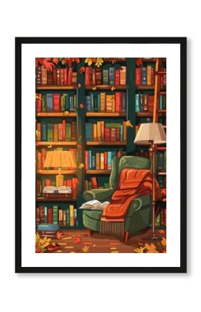 Cozy autumn home library with an armchair bookshelves and a reading lamp