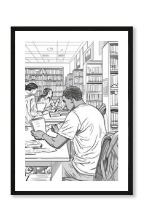 a black and white drawing of people in a library