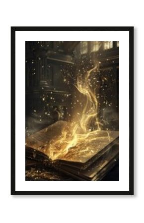 Open antique book releasing golden magical energy with glowing particles, set in an ancient library with intricate details