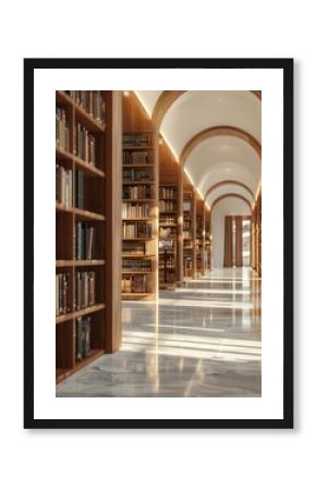 Rows of library books, bright and well-lit, wooden shelves, side view, organized and academic feel