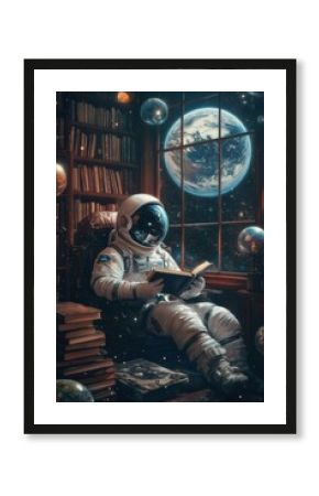 A surreal scene of an astronaut reading a book in a cozy library with a view of Earth and the universe through the window.