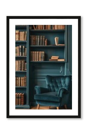 Teal armchair in a library with bookshelves.