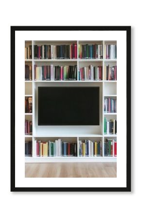 Modern Home Library Interior with Large Empty Frame on Bookshelf Wall