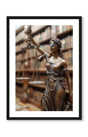 Bronze statue of Lady Justice holding scales in a law library. A bronze Lady Justice statue stands in a law library