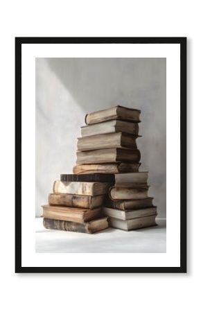 Towering Pile of Weathered Hardcover Books on Crisp White Surface in Renaissance Inspired Chiaroscuro Lighting