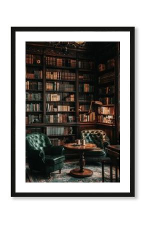 Cozy Reading Nook With Bookshelves  Leather Chairs  and a Coffee Table